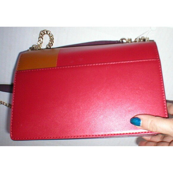 New NWT Trina Turk Designer Handbag Red Purple Tan Leather Flap Silver Womens - Picture 6 of 10